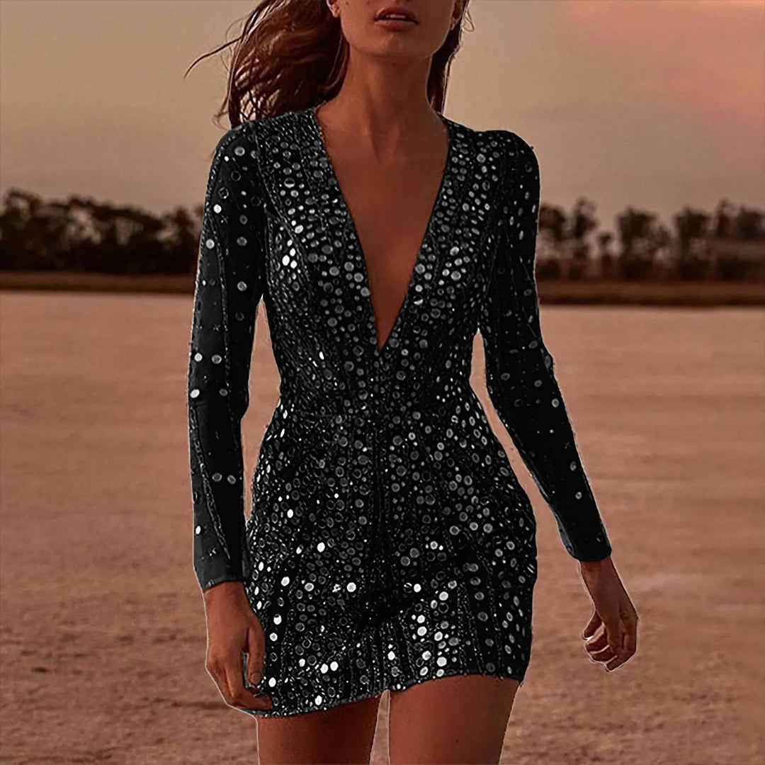 Ladies Luxurious Party Dress with Sparkling Sequins and Deep V-Neck Lisslune