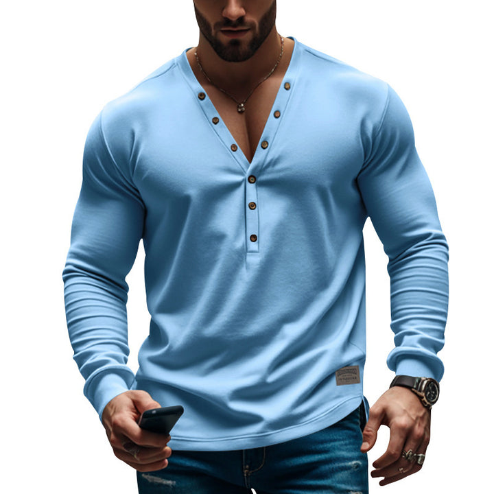 Men's Long Sleeve Henley T-Shirt with Modern Button Closure and Fitted Cut Lisslune