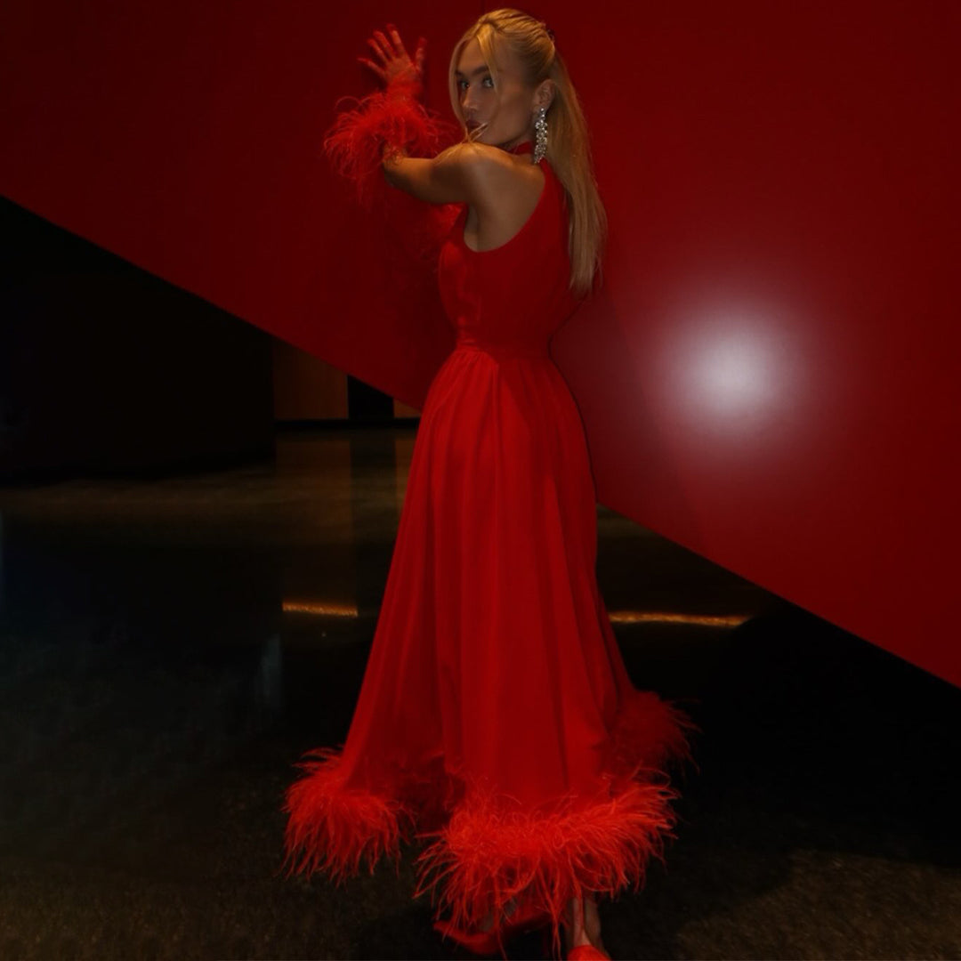 Ladies maxi dress with elegant feathers and high-neck design