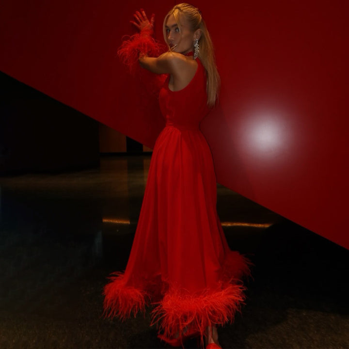 Ladies maxi dress with elegant feathers and high-neck design