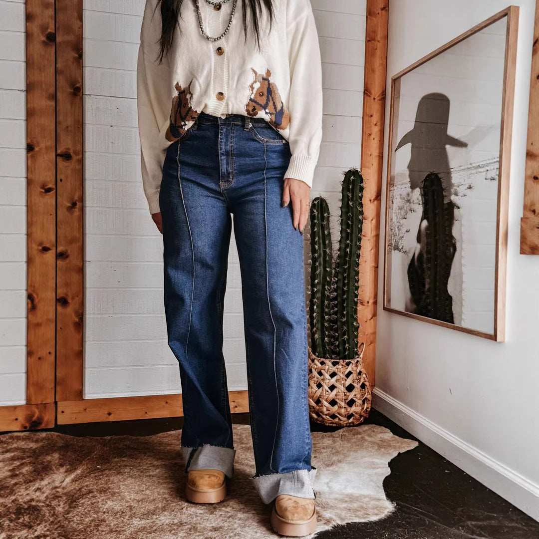 Women wide High-Waist jeans with unique contrast seams and casual look Lisslune