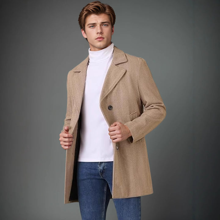 Men's elegant double-breasted coat with textured herringbone pattern Lisslune