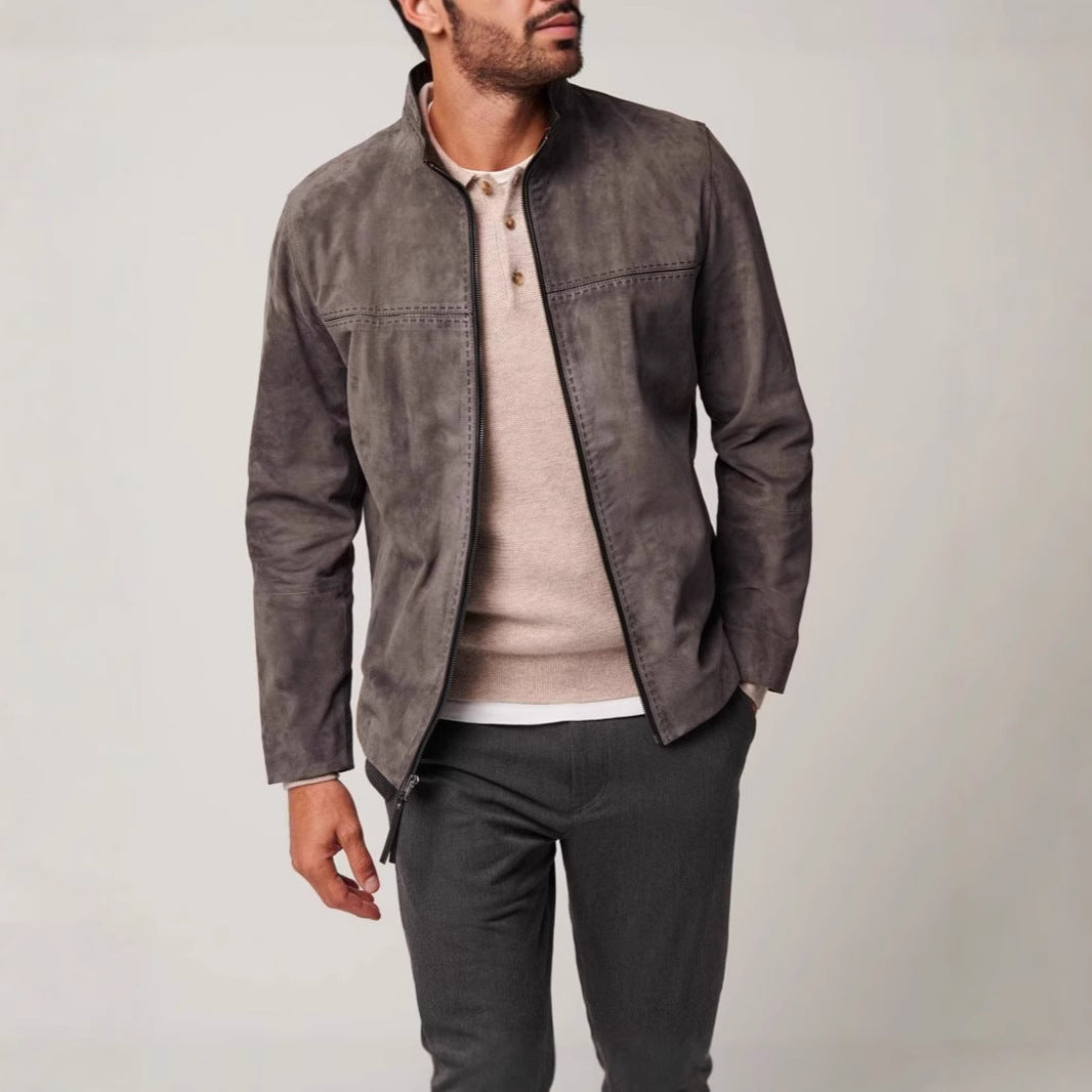Men's elegant suede jacket with textured design and practical zippered pockets Lisslune
