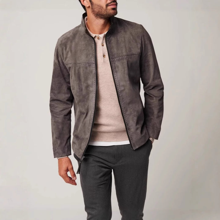 Men's elegant suede jacket with textured design and practical zippered pockets Lisslune