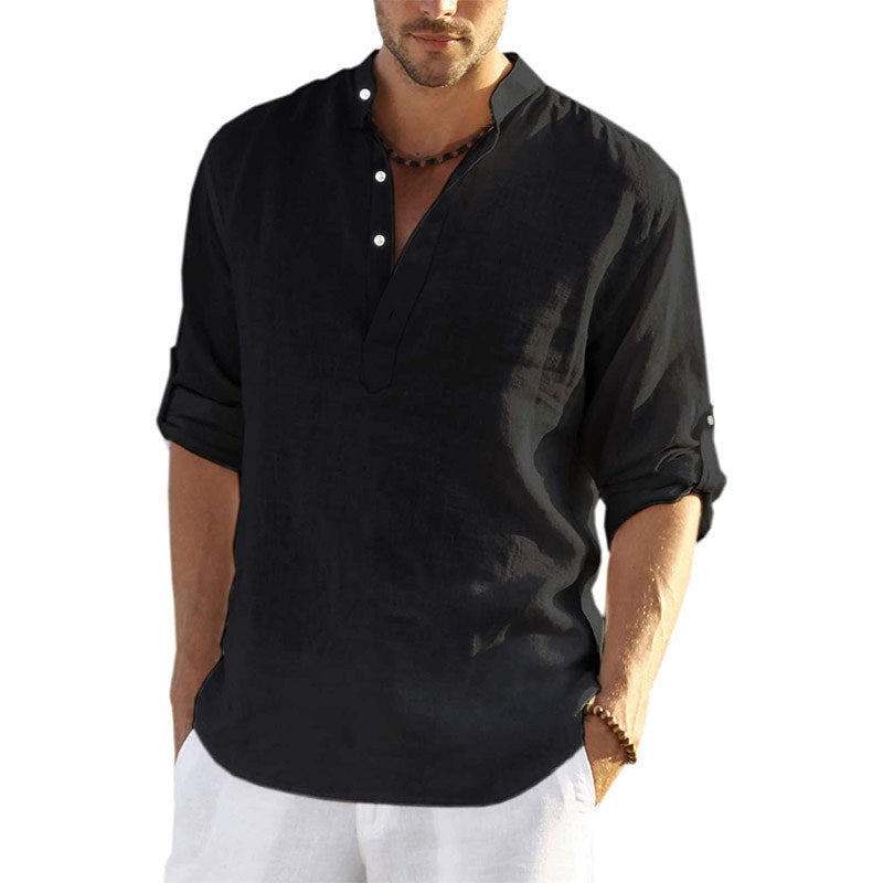 Men's linen shirt with modern stand-up collar and practical button details Lisslune