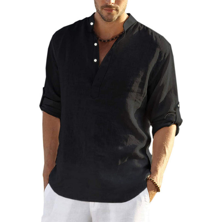 Men's linen shirt with modern stand-up collar and practical button details Lisslune