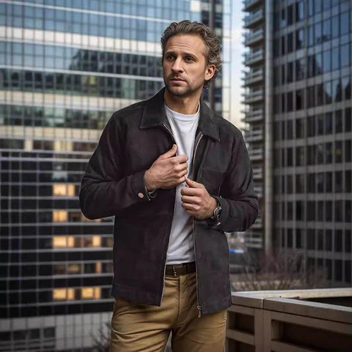 Men's casual suede jacket with practical slip pockets and stand-up collar Lisslune