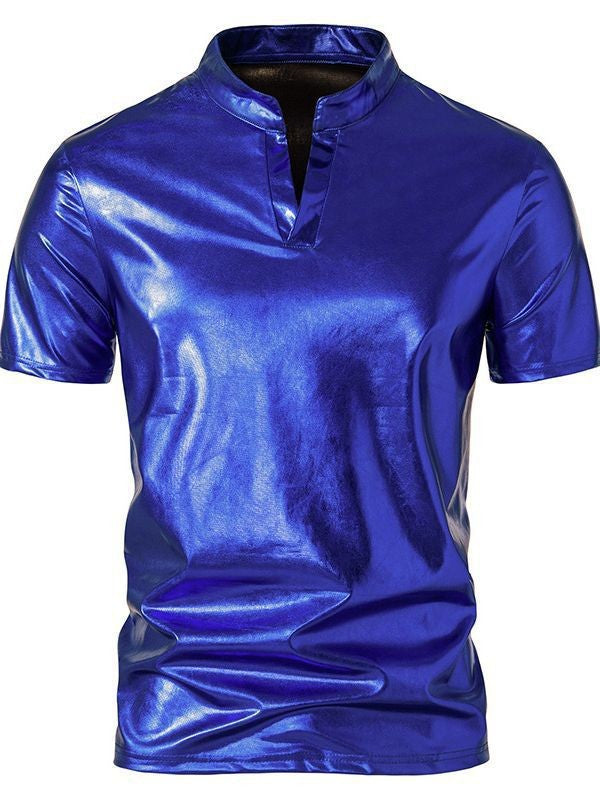 Men's shiny short-sleeve shirt in modern stand-up collar design Lisslune