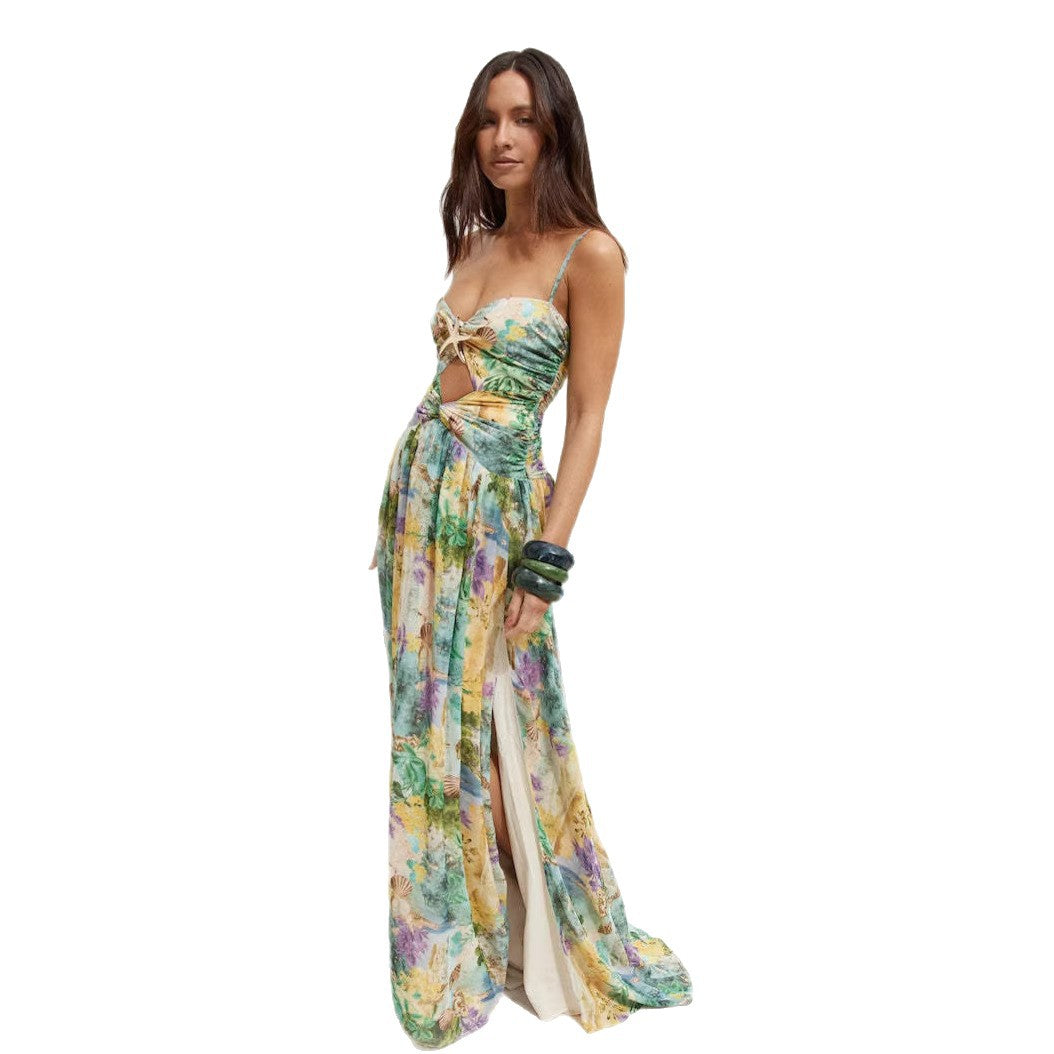 Ladies maxi dress with sophisticated cut and floral detail