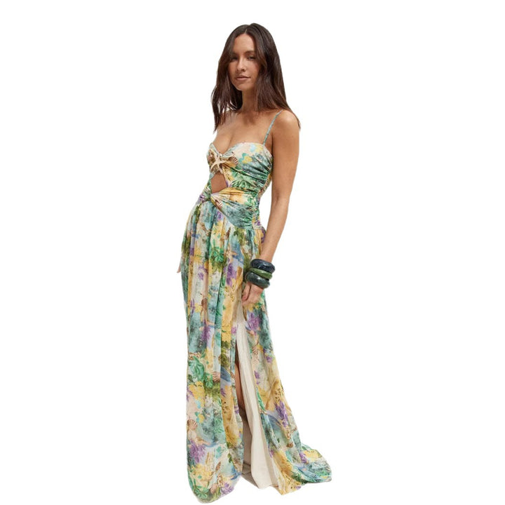 Ladies maxi dress with sophisticated cut and floral detail