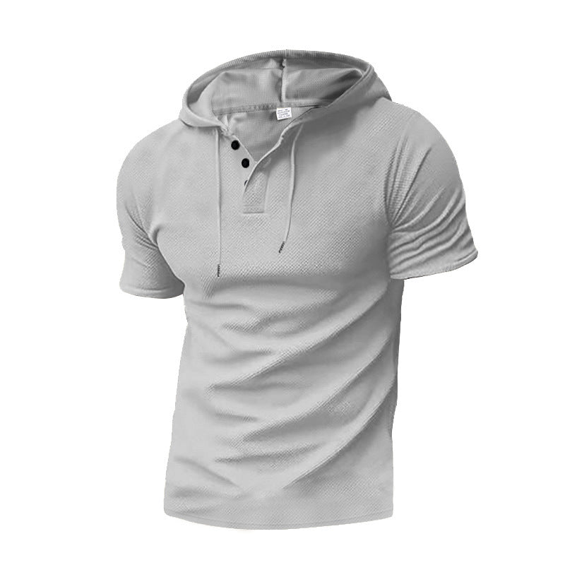 Men's Short Sleeve Hoodie Shirt with Trendy Henley Neck Lisslune