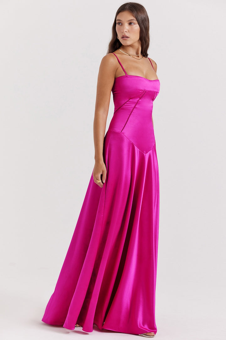 Women's Elegant Maxi Dress with Slim Spaghetti Straps and Flowing Satin Fall Lisslune