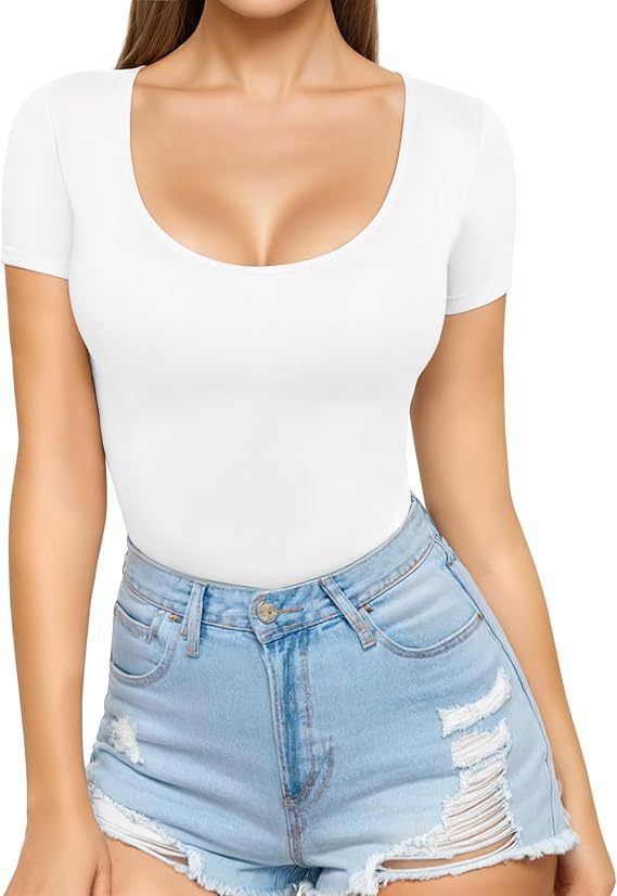 Damen figurbetontes Kurzarm-Body mit rundem Ausschnitt und nahtlosem Design Lisslune