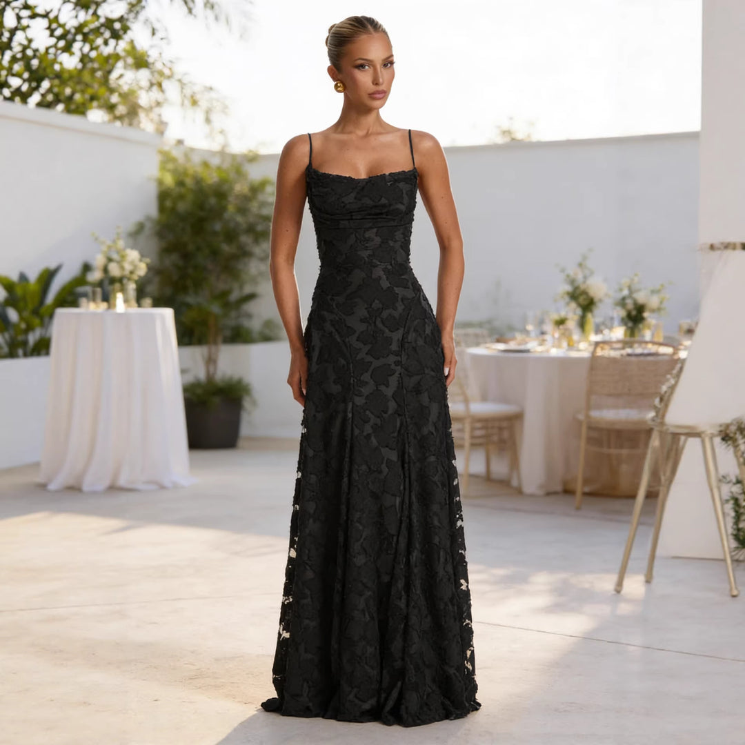 Ladies Elegant Maxi Dress with Floral Lace Design and Adjustable Spaghetti Straps Lisslune