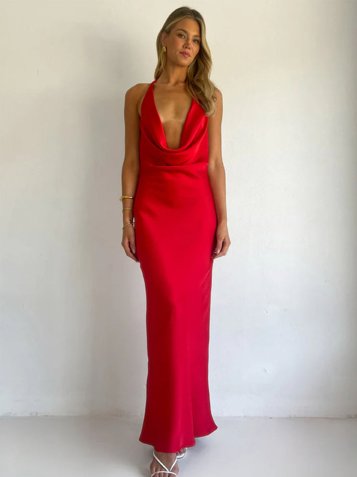 Women's maxi dress with off-the-shoulder design and elegant draping design Lune London