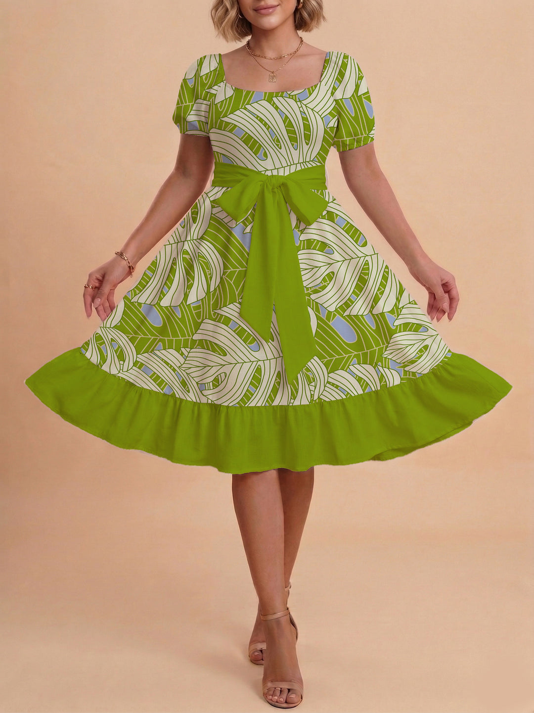 Women A-line dress with floral motifs and adjustable belt Lisslune