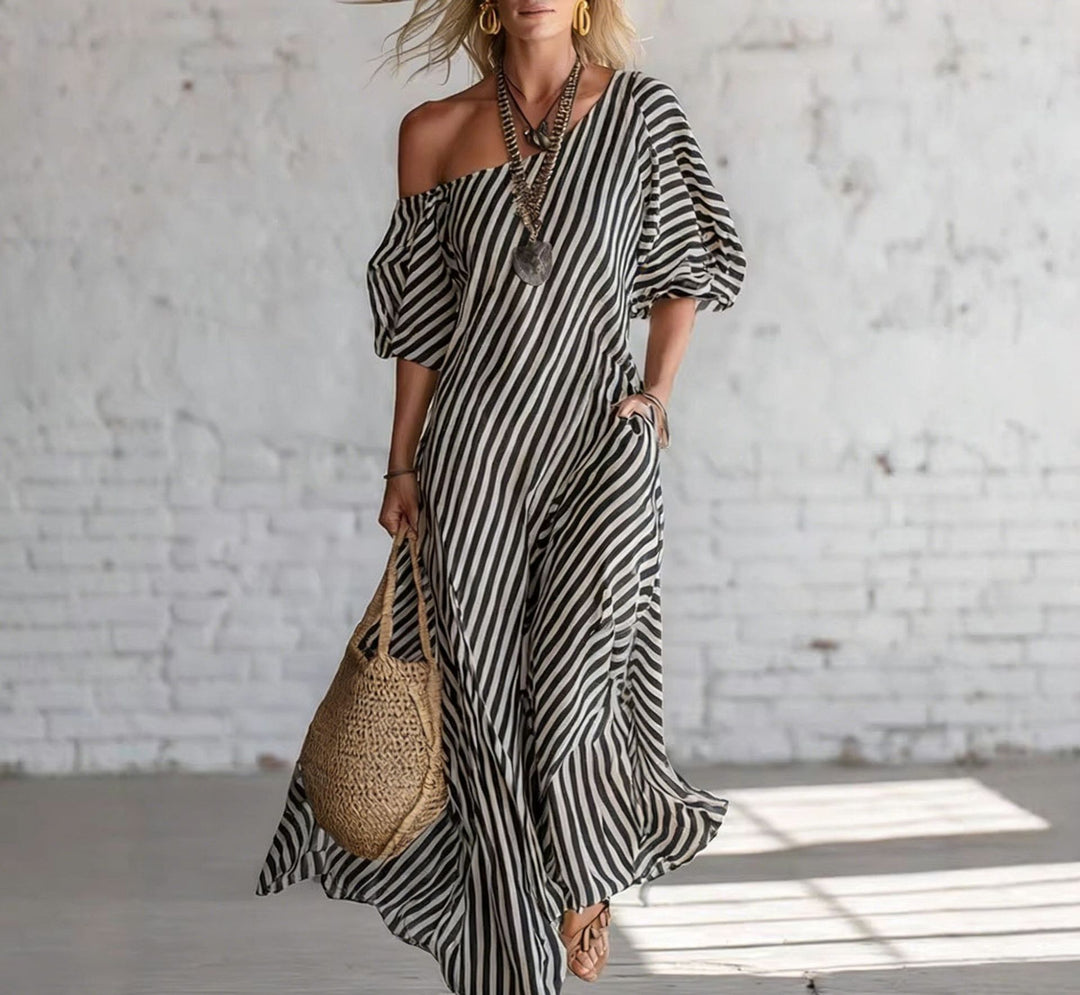 Women's maxi dress with asymmetrical cut and striking stripes Lisslune