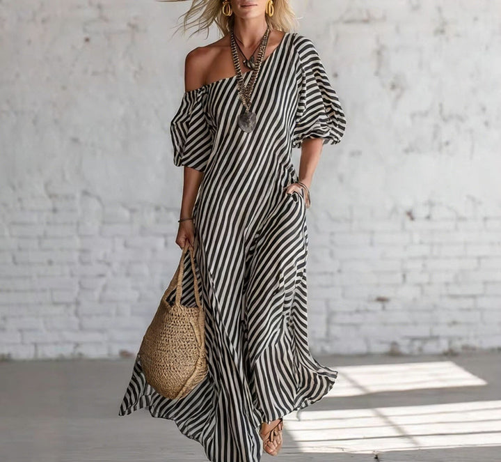 Women's maxi dress with asymmetrical cut and striking stripes Lisslune