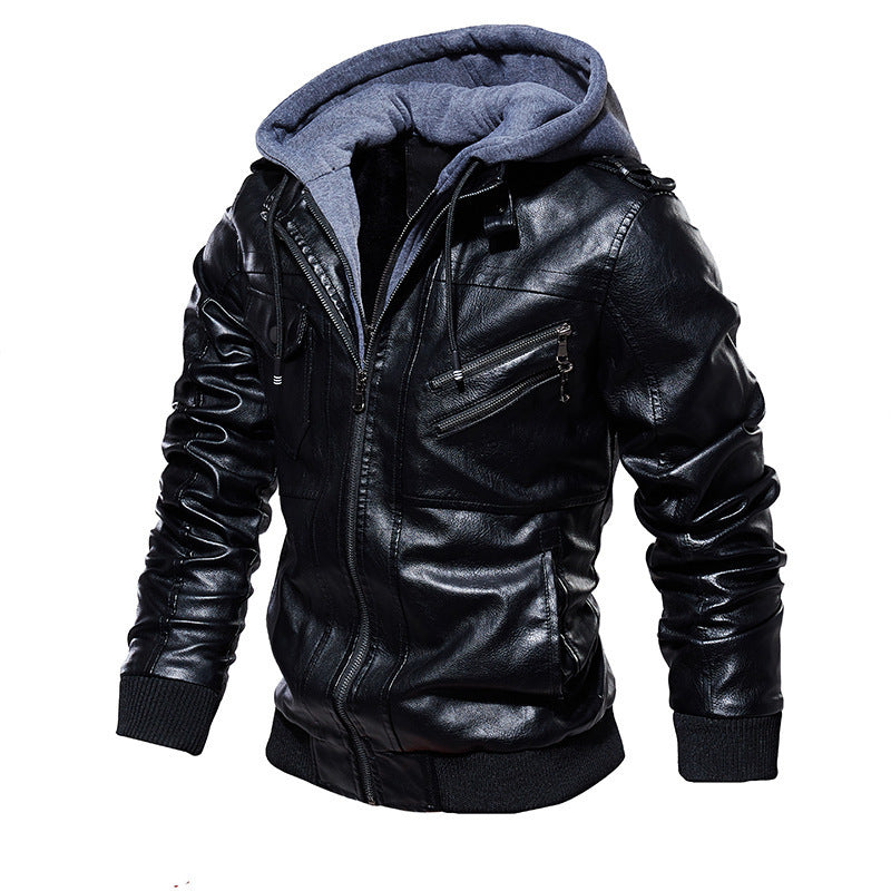 Men's Casual Synthetic Leather Jacket with Removable Hood and Numerous Pockets Lisslune