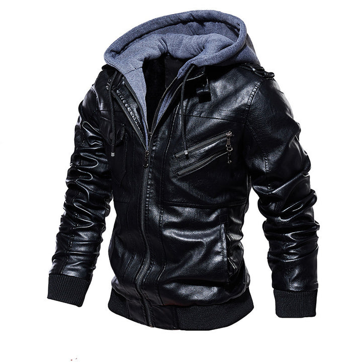 Men's Casual Synthetic Leather Jacket with Removable Hood and Numerous Pockets Lisslune