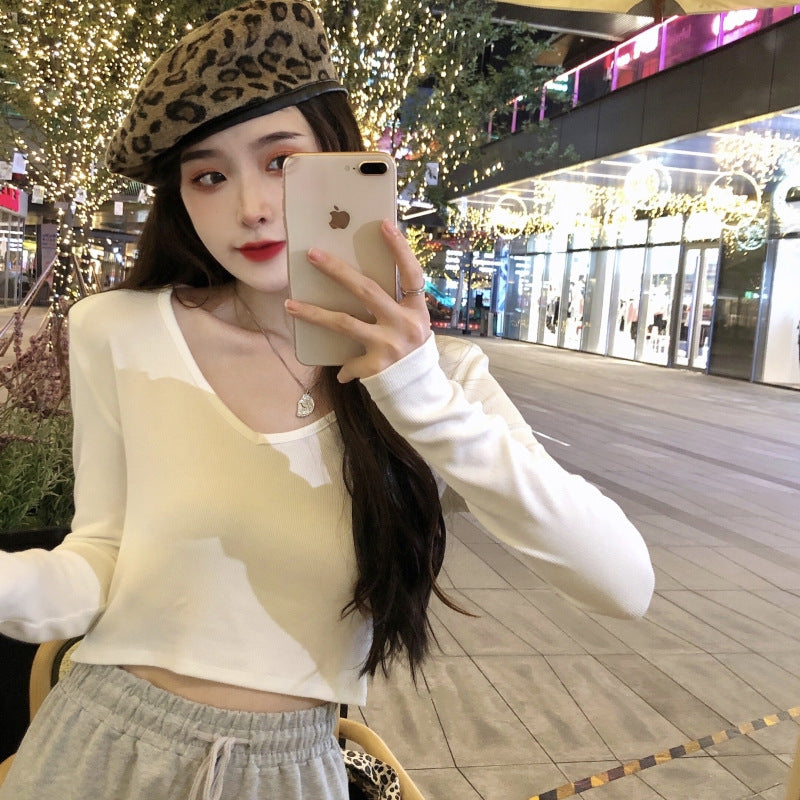Women Cropped Long Sleeve Shirt with Fashionable V-Neck and Comfortable Materials Lisslune
