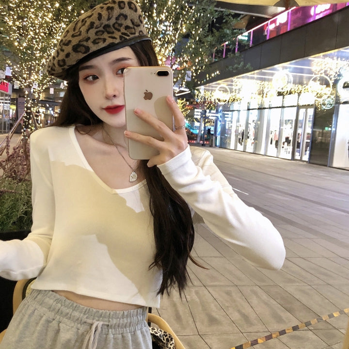 Women Cropped Long Sleeve Shirt with Fashionable V-Neck and Comfortable Materials Lisslune
