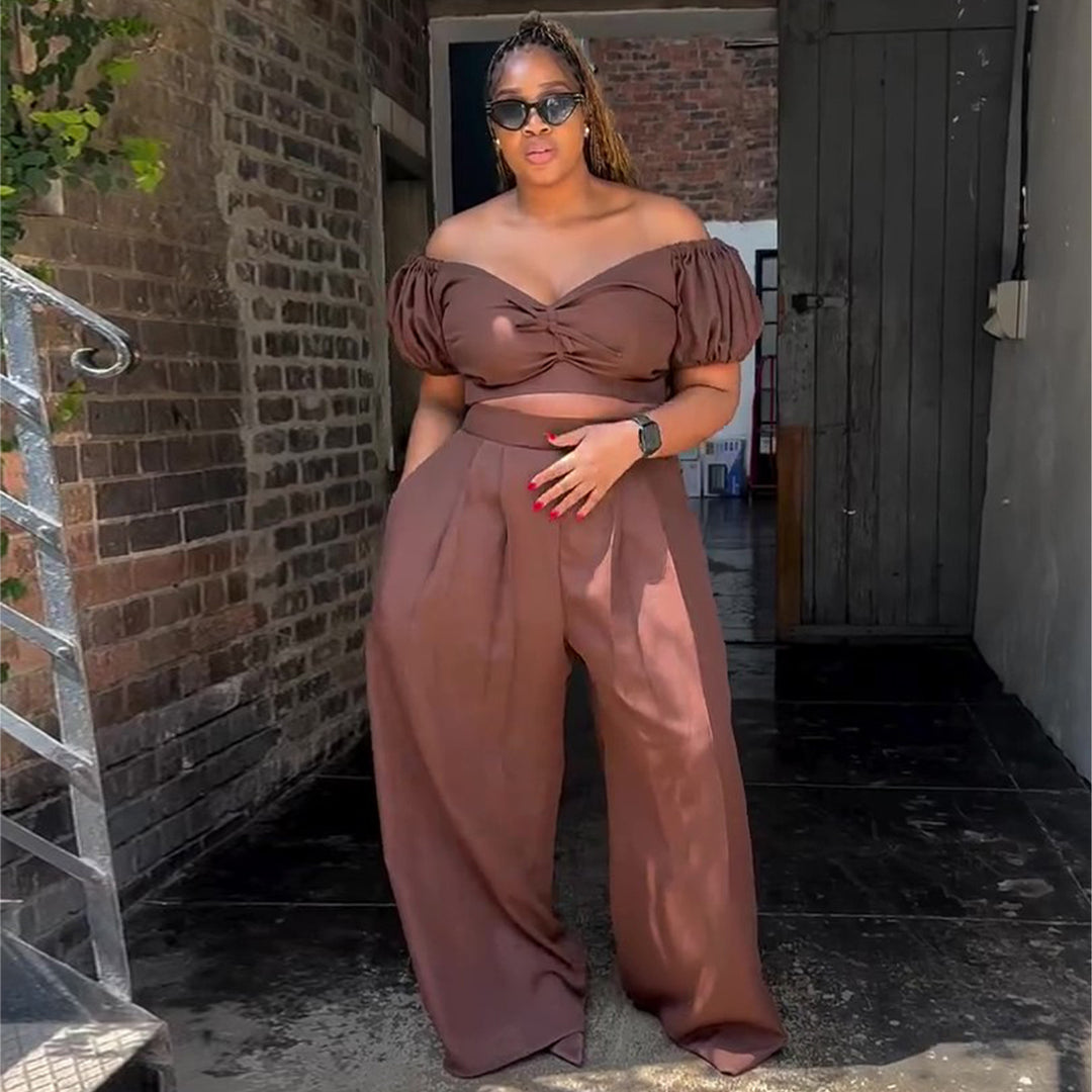Women's Crop Top and Palazzo Pants Set with Voluminous Sleeves and Elegant Pleats Lisslune