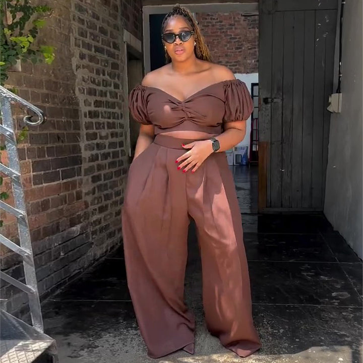 Women's Crop Top and Palazzo Pants Set with Voluminous Sleeves and Elegant Pleats Lisslune