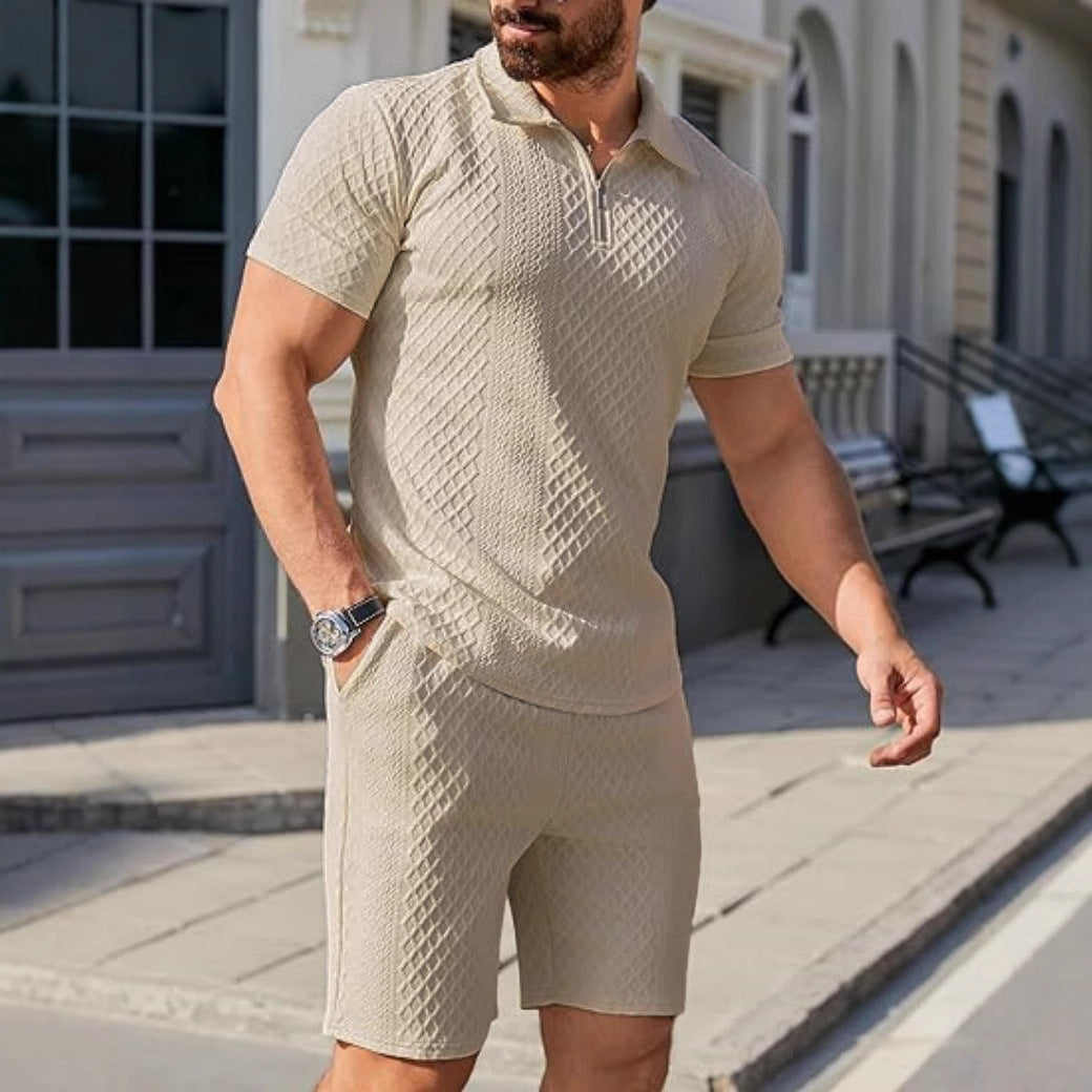 Men's sporty short sleeve set with zipper and knit pattern Lisslune