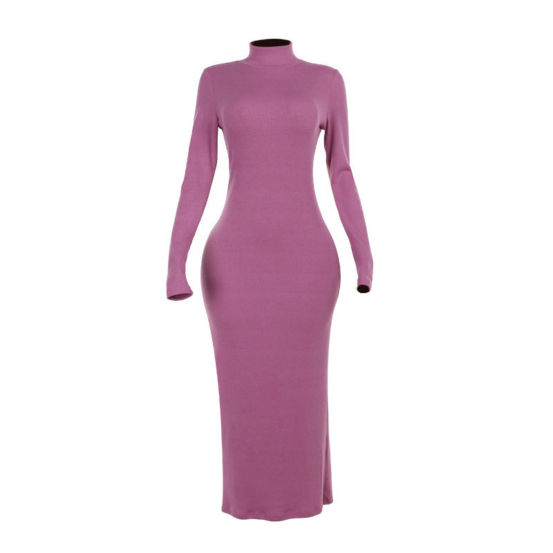 Ladies Long Sleeve Maxi Dress with Elegant Stand Collar and Fitted Cut Lune London