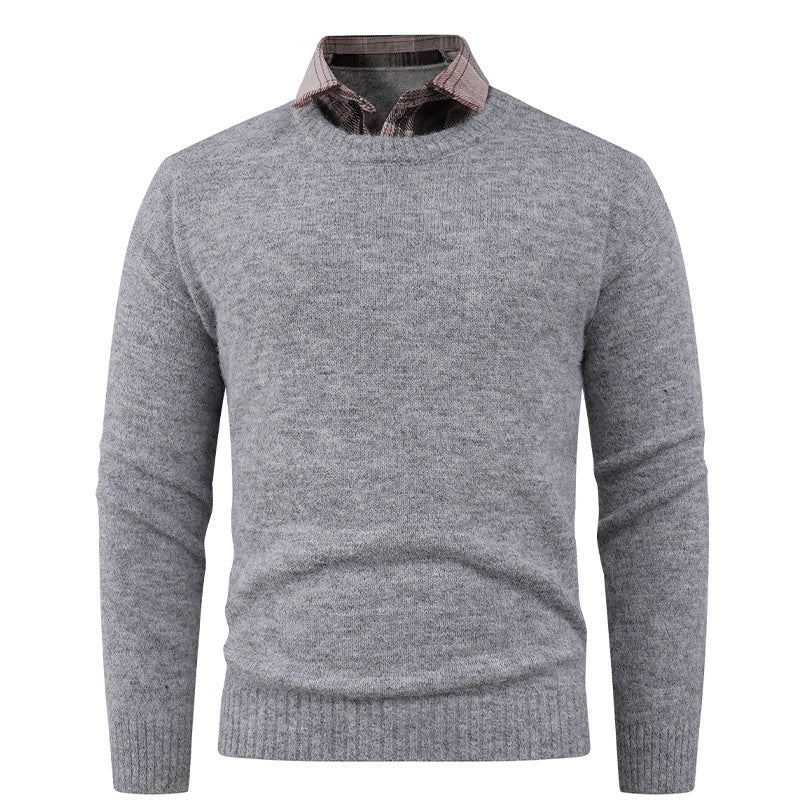 Men's Fine Crew Neck Sweater with Integrated Shirt Collar Lisslune