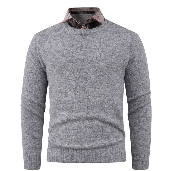 Men's Fine Crew Neck Sweater with Integrated Shirt Collar Lisslune