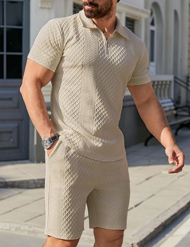 Men's sporty short sleeve set with zipper and knit pattern Lisslune