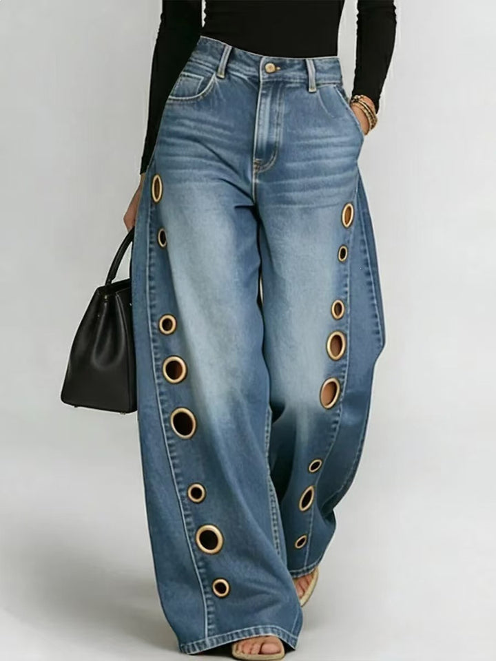 Women's Wide-Cut Jeans with Decorative Eyelets and High Waist Lisslune