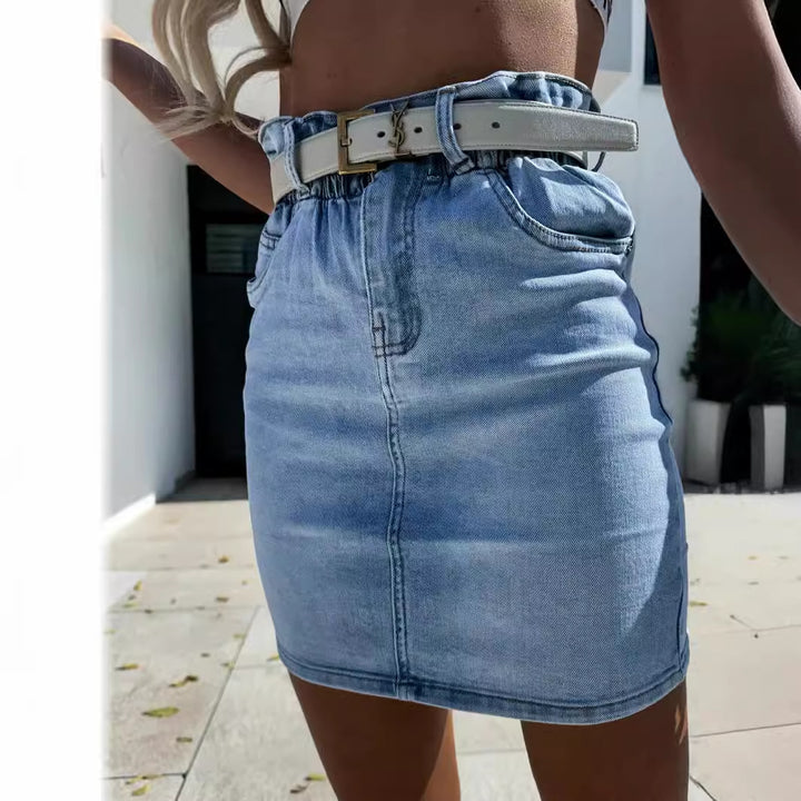 Women's denim skirt with high waist and fashionable belt Lisslune