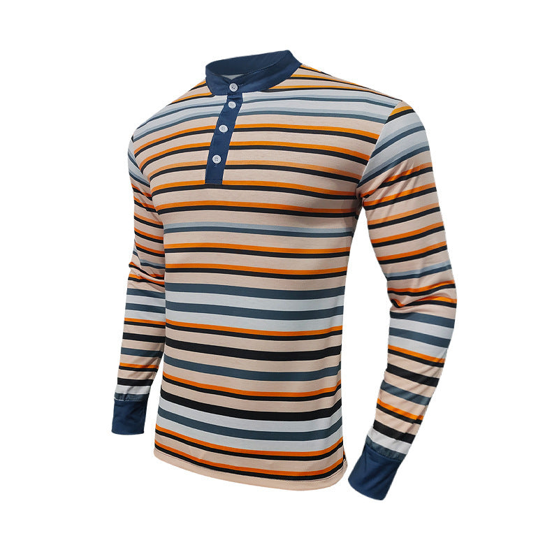 Men's Long Sleeve Shirt with Textured Striped Pattern and Sporty Collar Lisslune
