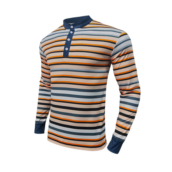 Men's Long Sleeve Shirt with Textured Striped Pattern and Sporty Collar Lisslune