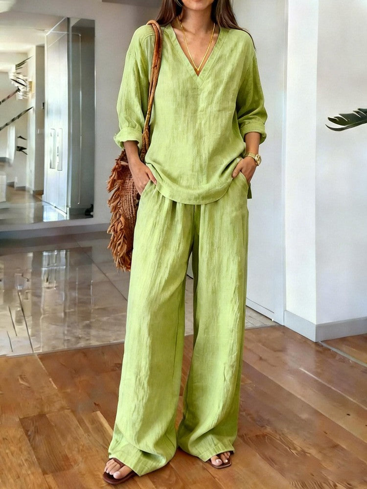 Women's Casual Linen Top and Wide Palazzo Pants Set Lisslune