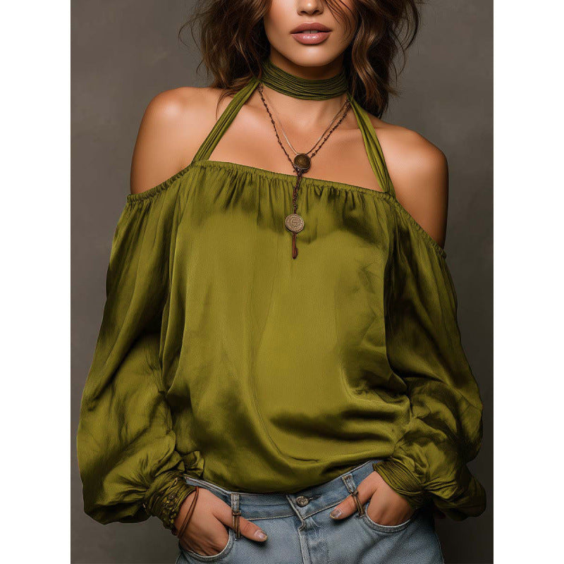 Women Off-Shoulder Blouse with Voluminous Sleeves and Choker Lisslune