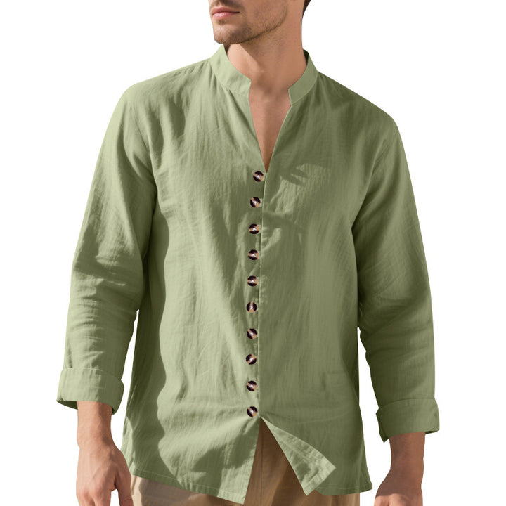 Men's casual long-sleeve shirt with elegant stand collar and chic button details Lisslune