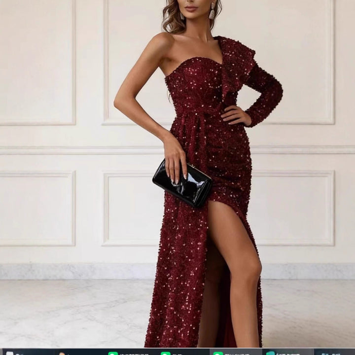 Women's Glamorous Evening Dress with Asymmetrical Cut and Sparkling Sequins