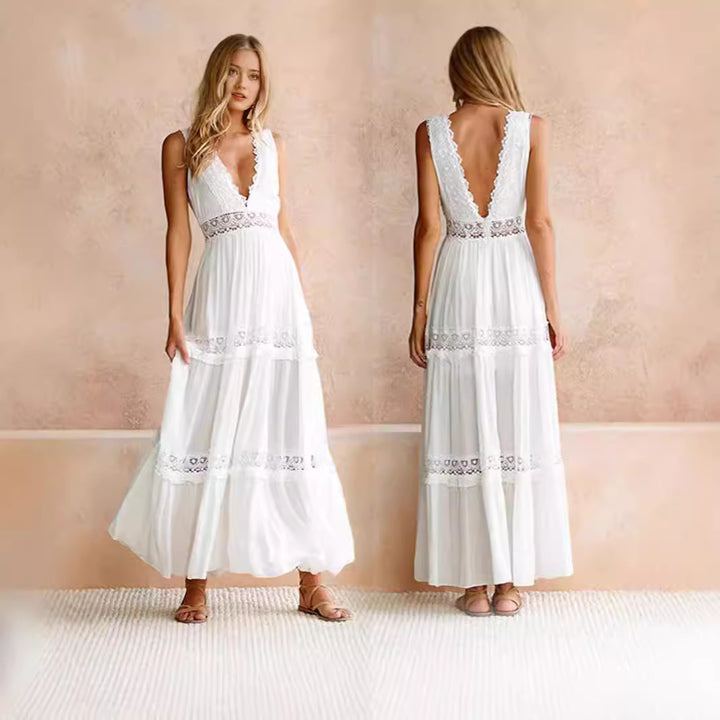 Ladies Elegant Maxi Dress with Deep V-Neck and Playful Crochet Applications Lisslune