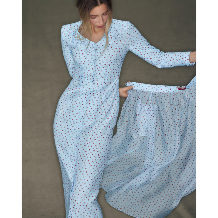 Women's Maxi Silhouette Dress with Elegant Ruffle Details and Button Placket Lisslune
