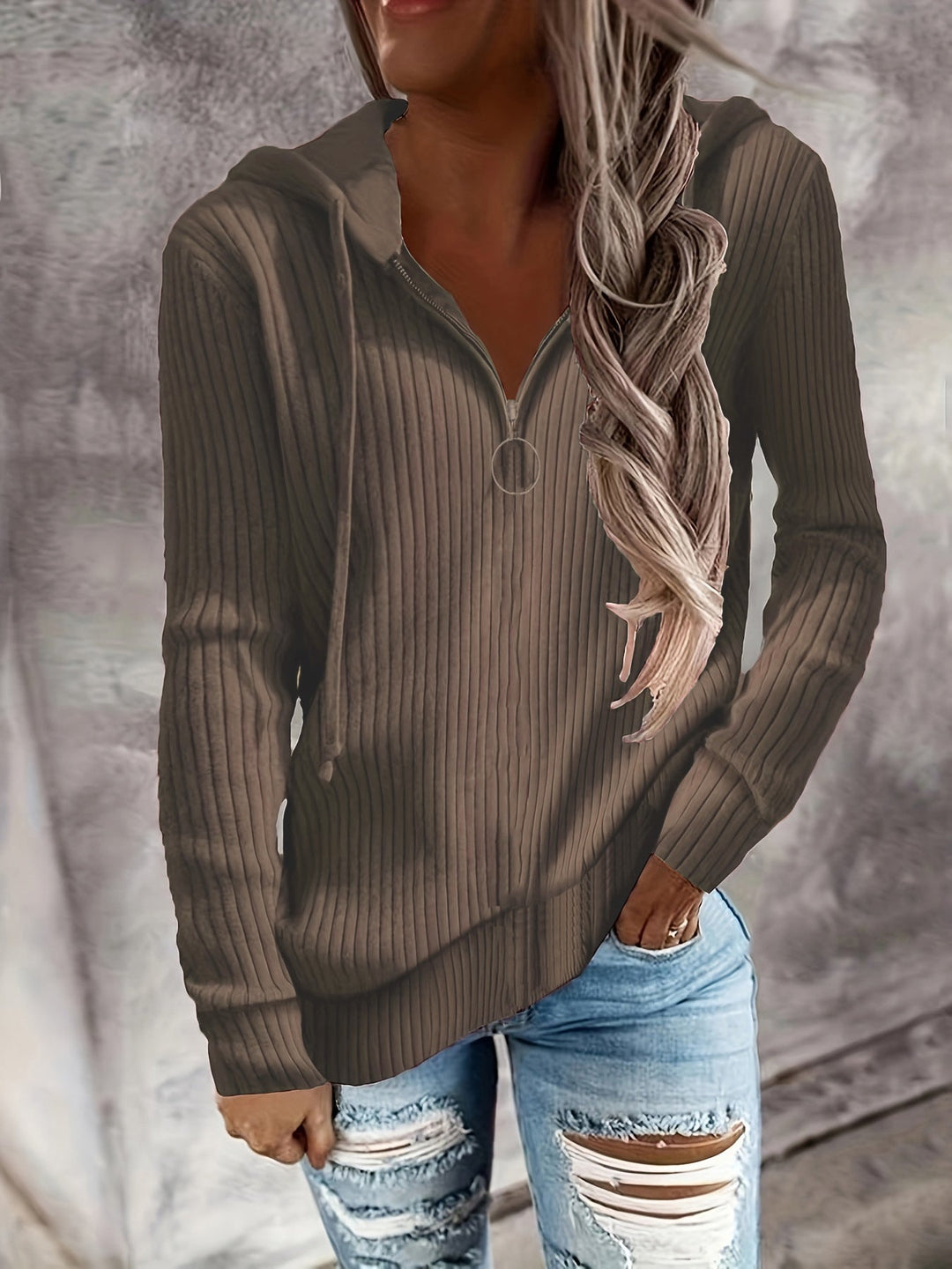 Damen Hoodie mit Reißverschluss und Lässigem Rippenstrickdesign Lisslune