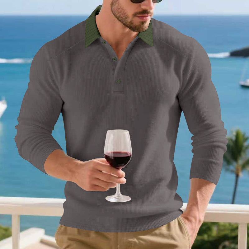 Men's Long Sleeve Polo Shirt with Textured Design and Elegant Button Placket Lisslune