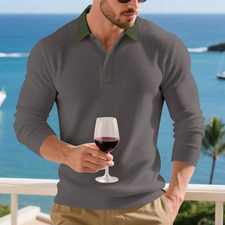 Men's Long Sleeve Polo Shirt with Textured Design and Elegant Button Placket Lisslune