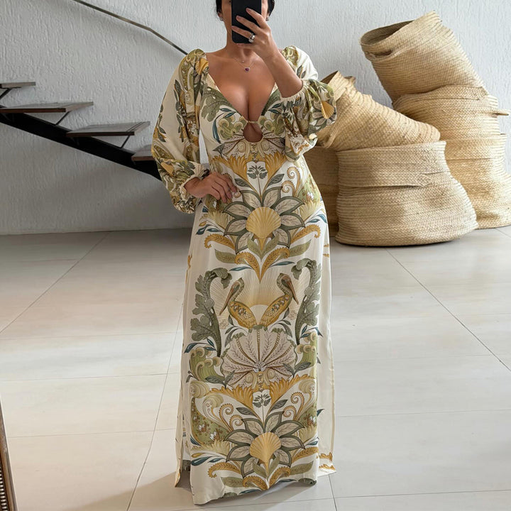 Ladies maxi dress with intricate floral design and deep V-neck