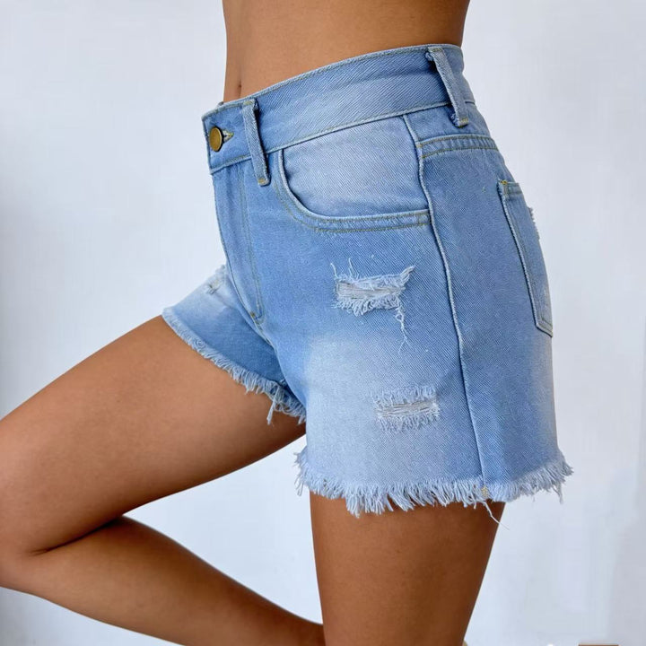 Women's Designer Denim Shorts with Fringing and Frayed Hem Lisslune