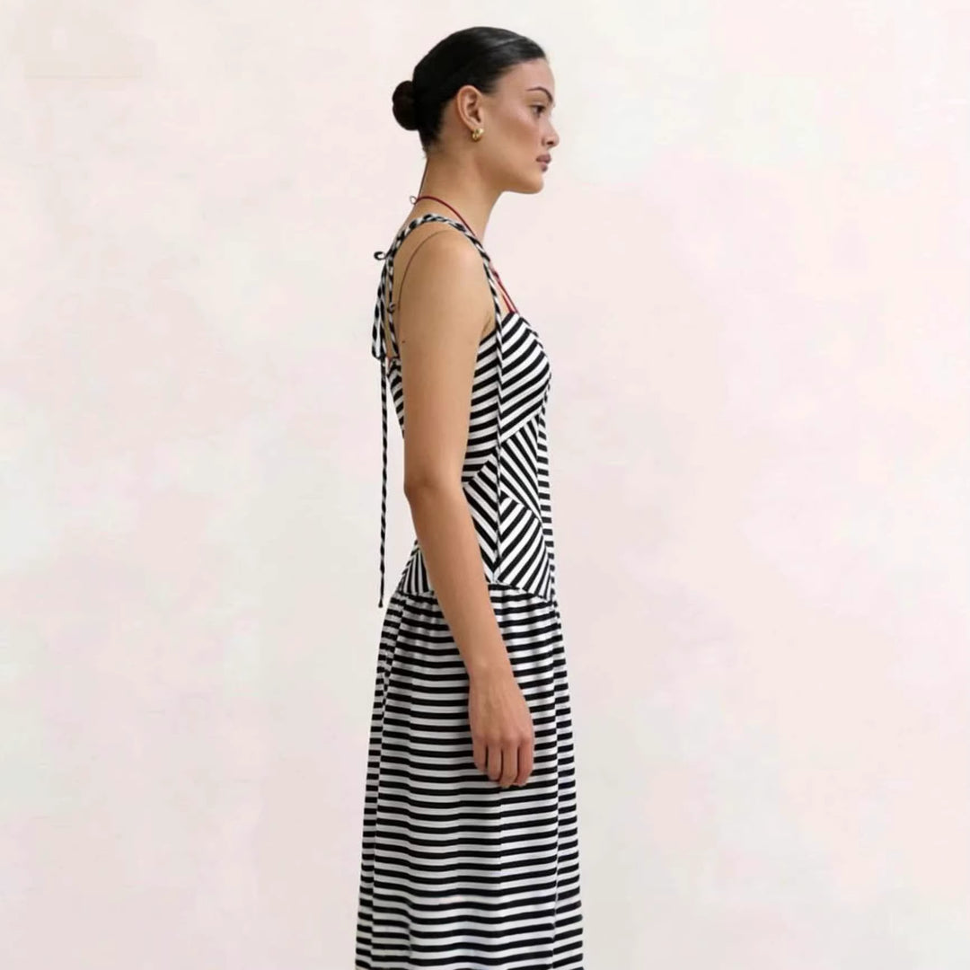 Women's maxi dress with deep V-neck and modern striped pattern Lune London