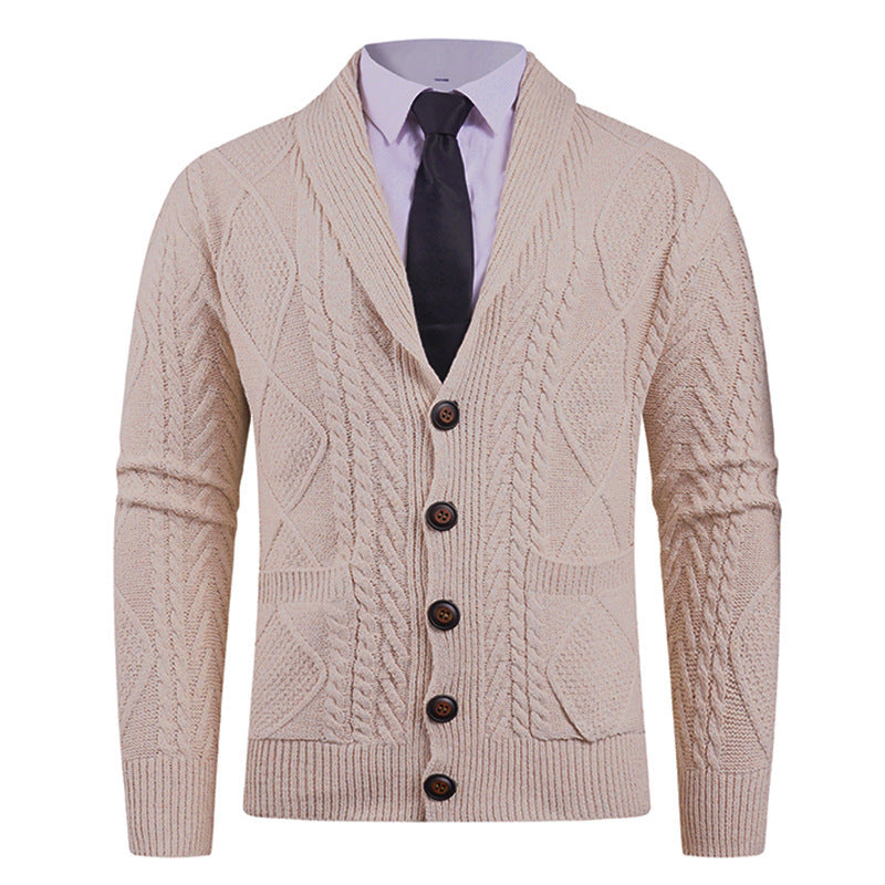 Men's cardigan with distinctive cable knit pattern and stylish shawl collar Lisslune